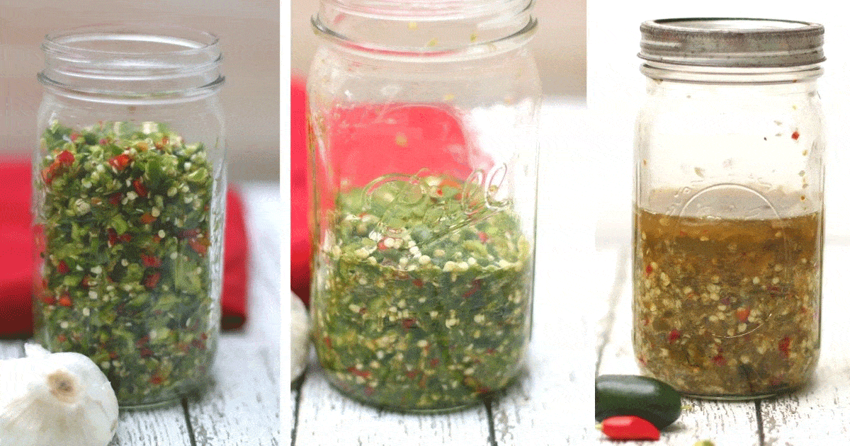 hot pepper relish in 3 different stages: Chopped, smashed, and fermented