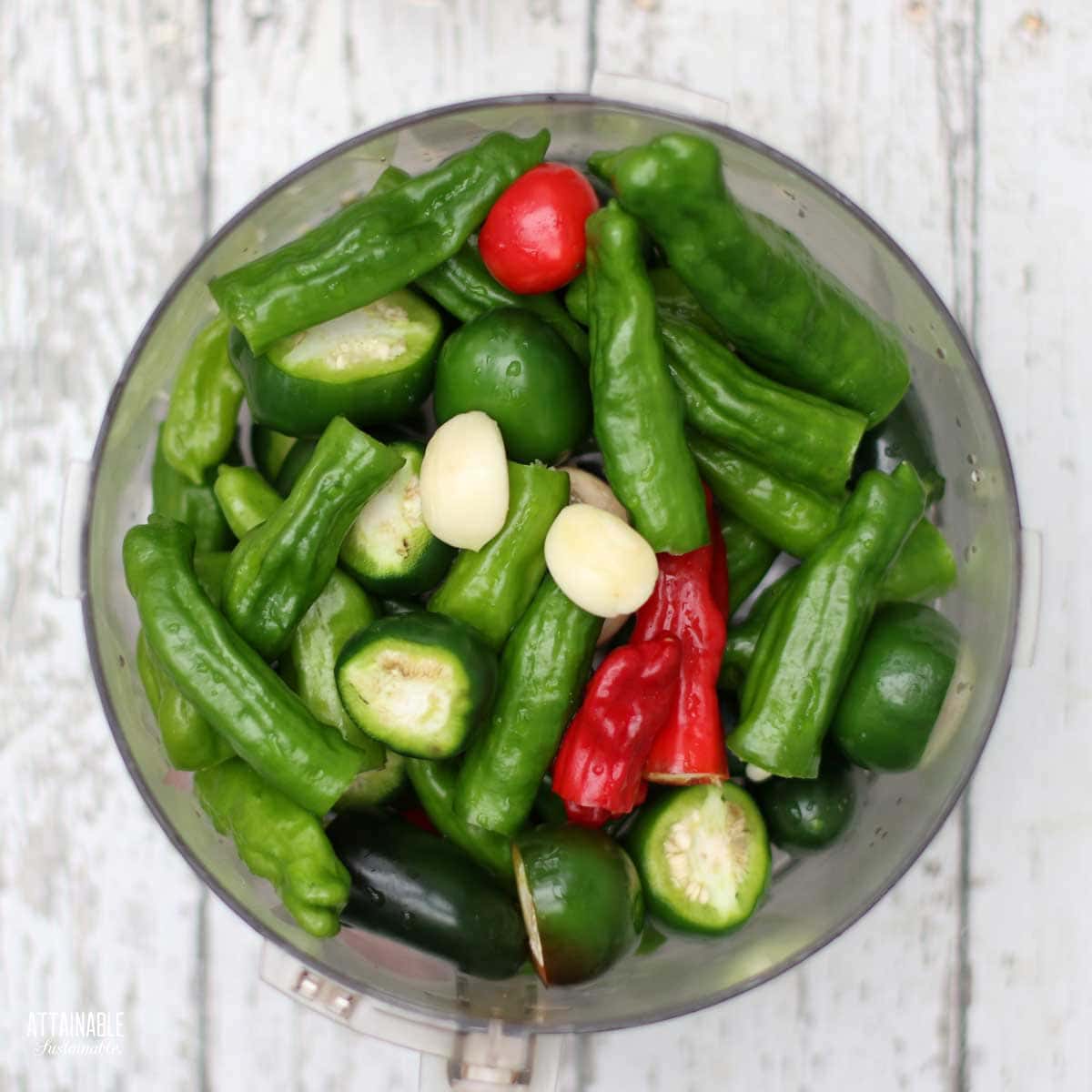 green and red peppers in a food processor bowl