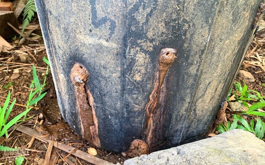 oozing holes on the side of a trash can