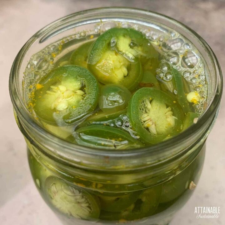 jar of pickled jalapeno peppers.