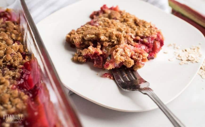 rhubarb crisp on a white plate with a fork