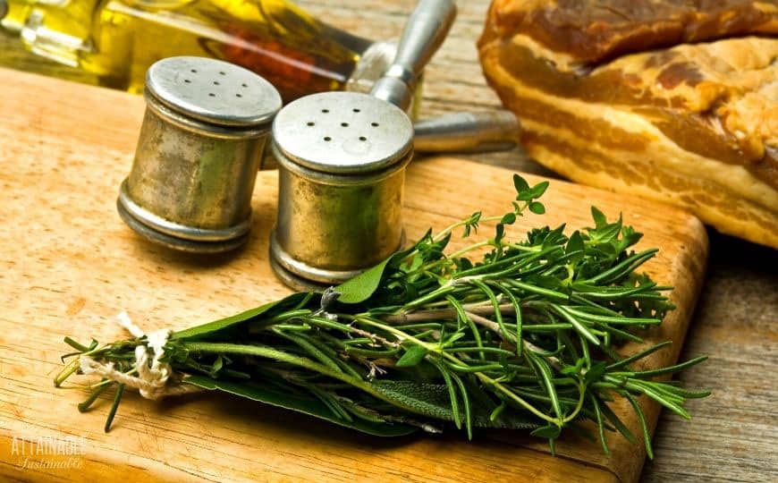 bouquet garni on a wooden board with salt and pepper shakers