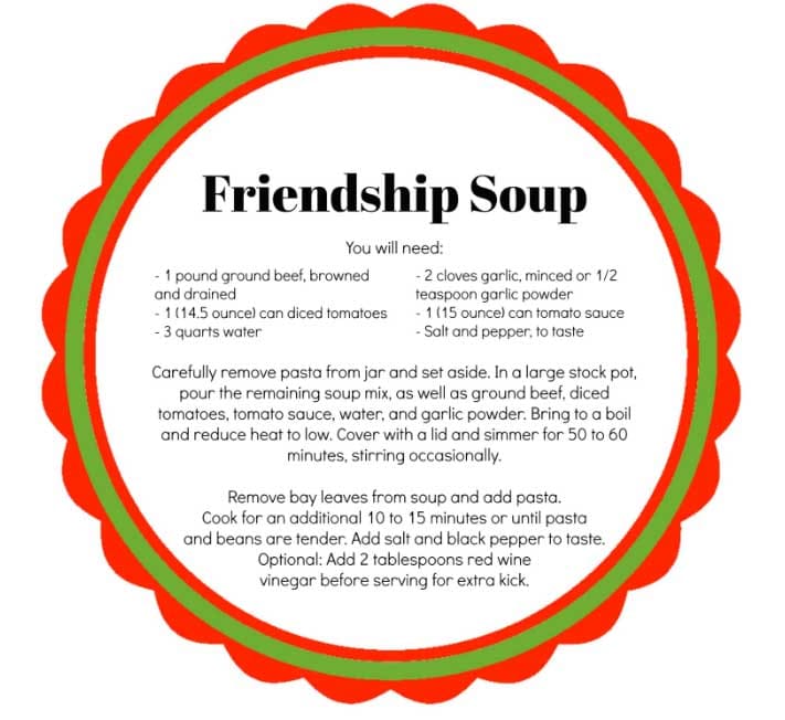 instruction label for making friendship soup with ready-to-use soup mix.