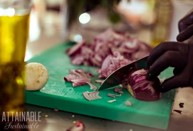 Sliced Red Onions on a cutting board