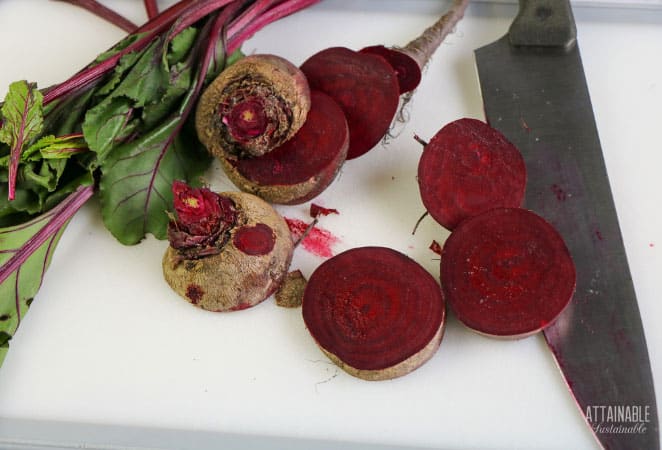 beet slices on a cutting board.
