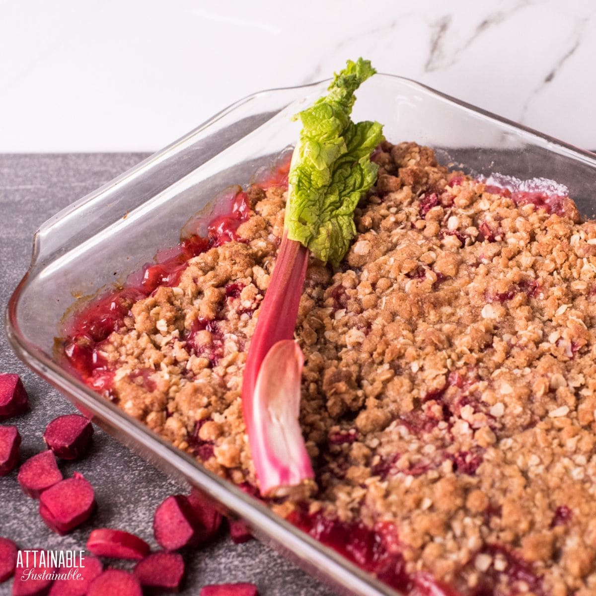 rhubarb crisp in a glass baking dish.