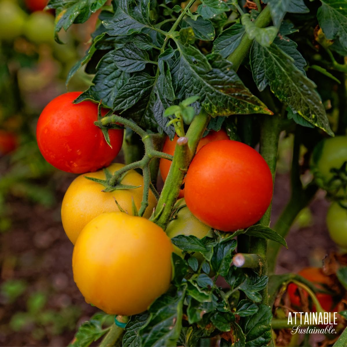 red ripe and yellow ripening tomatoes on a plant.