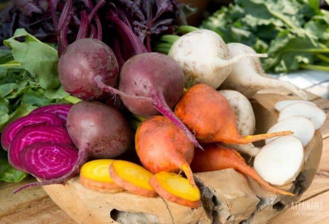 colorful beets: red, orange, and white