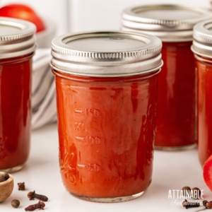 Pint sized canning jars filled with homemade ketchup.