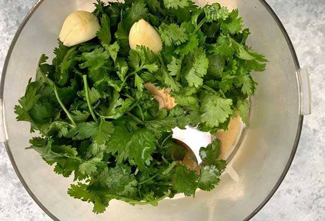cilantro and garlic in a food processor