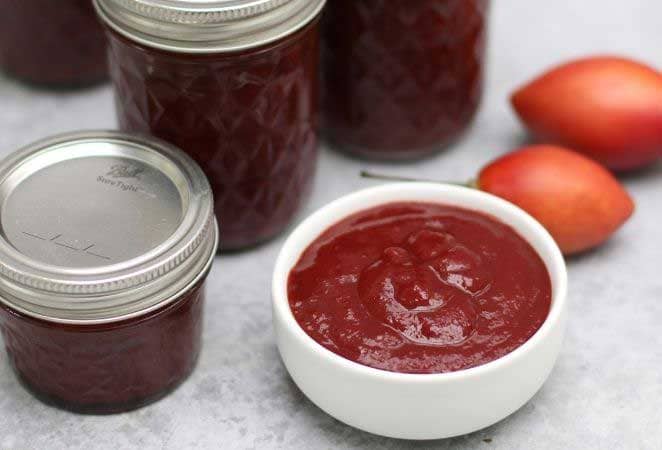 red ketchup in a white dish with canning jars surrounding it