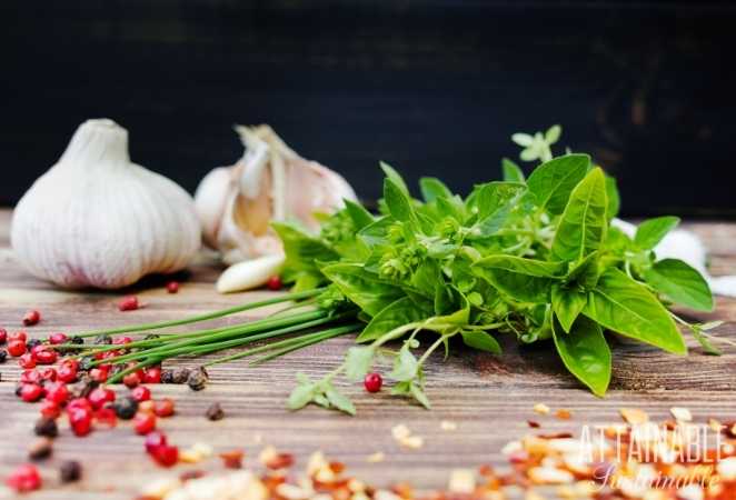 Oregano, garlic and peppercorns