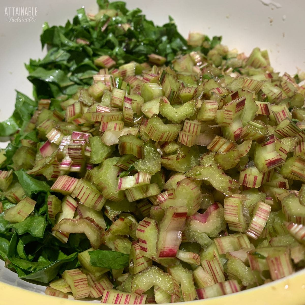 chopped beet greens and stalks in a bowl.