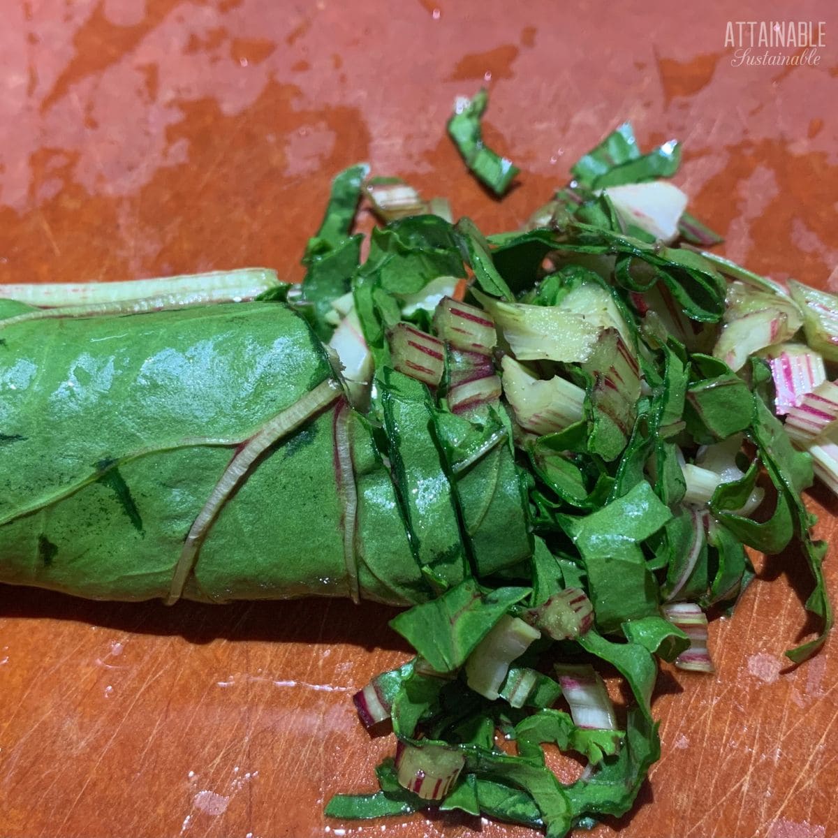 rolled up beet leaves sliced into ribbons.