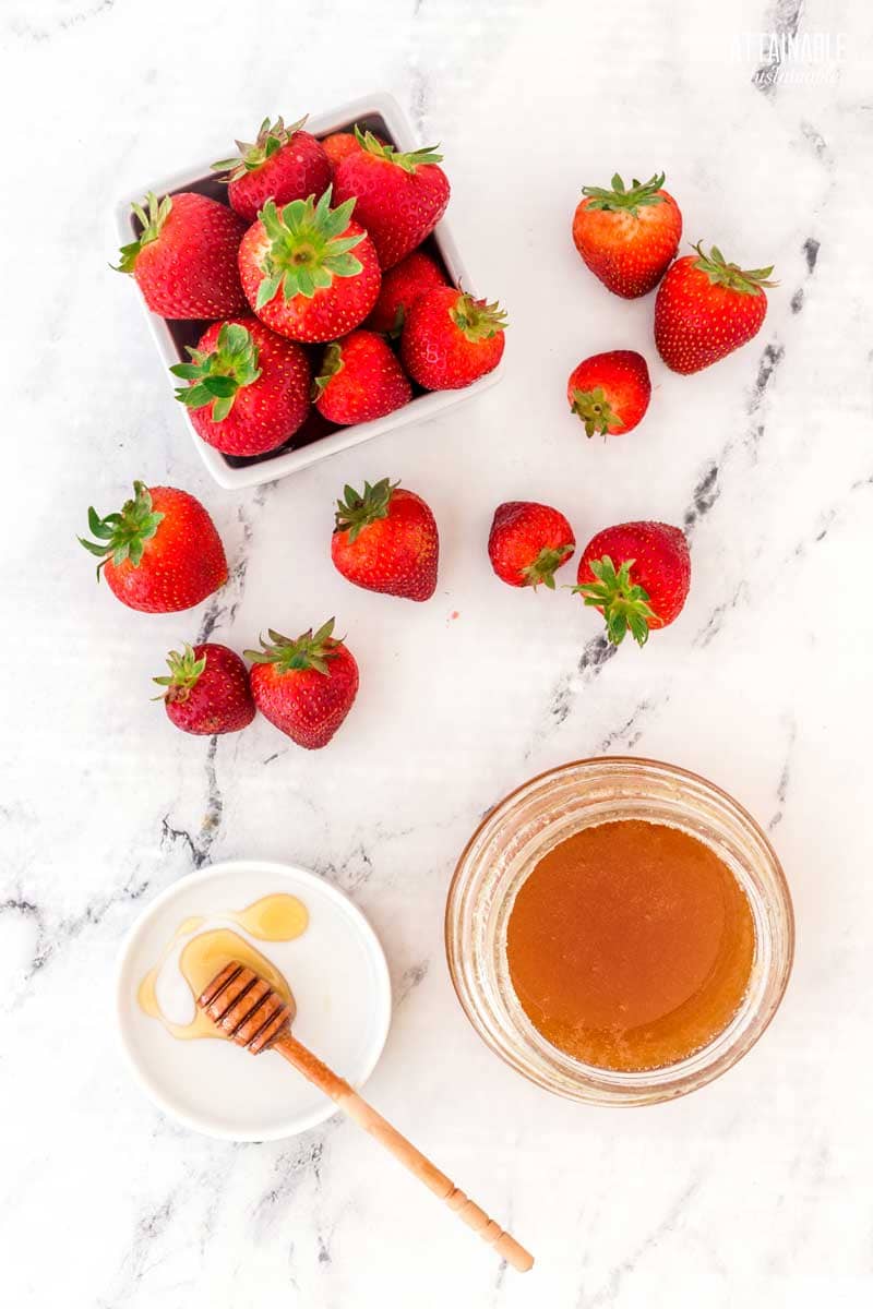 fresh strawberries and honey from above. 