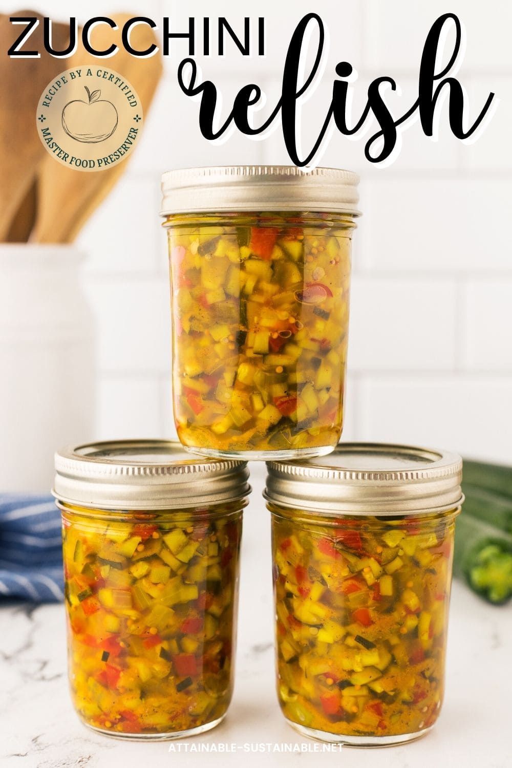 three jars of zucchini relish, stacked.