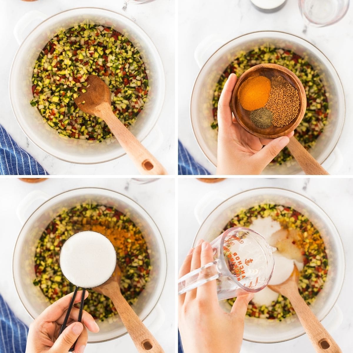 adding sugar, spiced and vinegar to zucchini relish in a pot.