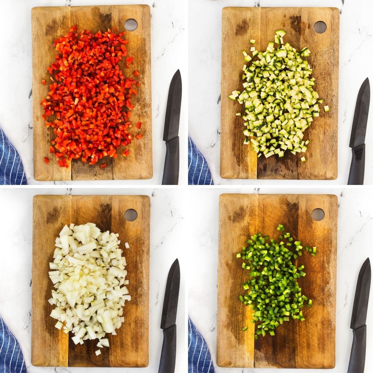 4 part collage showing red pepper, zucchini, onion, and jalapeno chopped on a wooden cutting board.