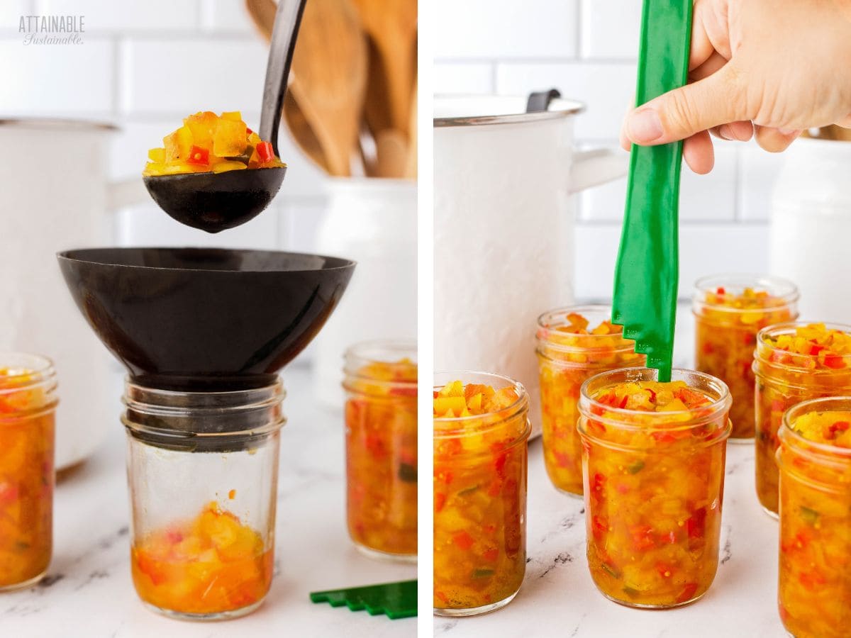 filling jars of relish for canning. 