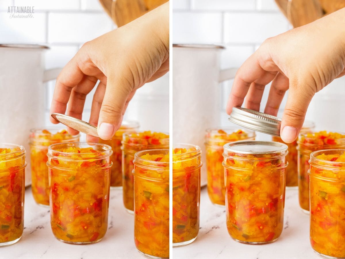 setting lids and rings on jars of relish.