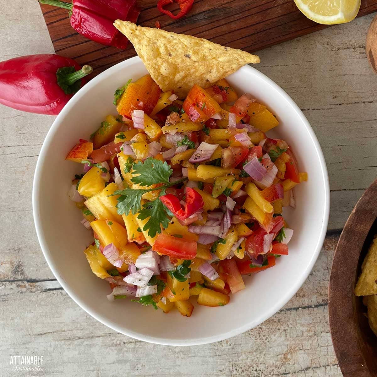 bowl of fresh peach salsa from above.