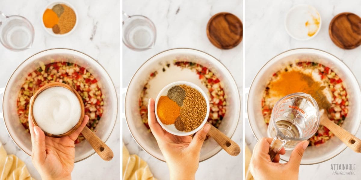 adding ingredients to the watermelon relish.