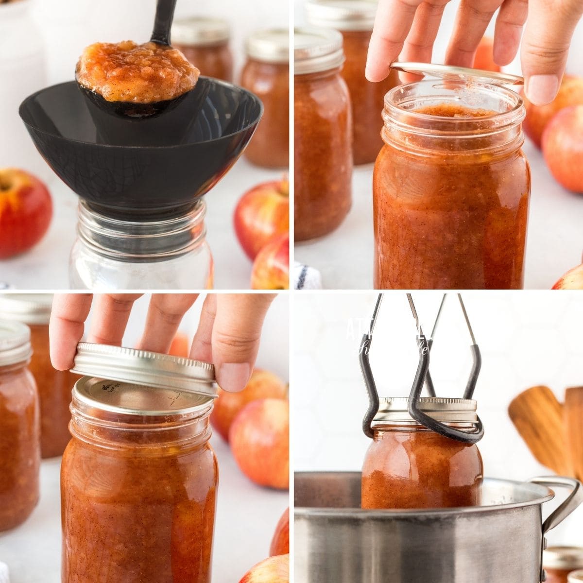 process of filling jars with apple sauce.