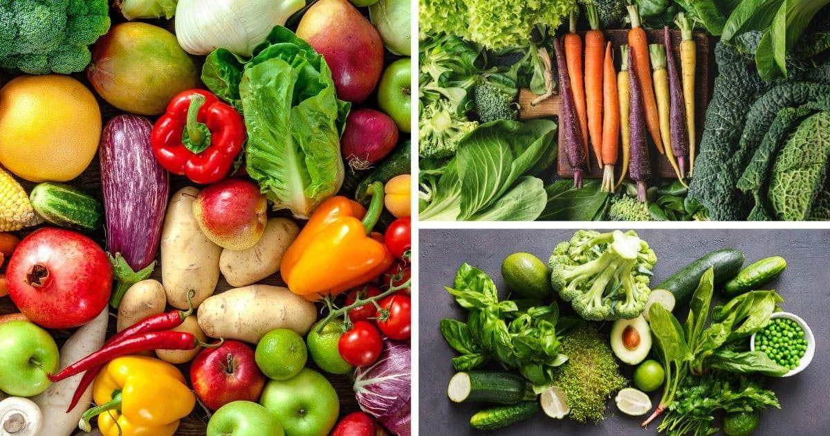 3-section collage showing many colorful vegetables