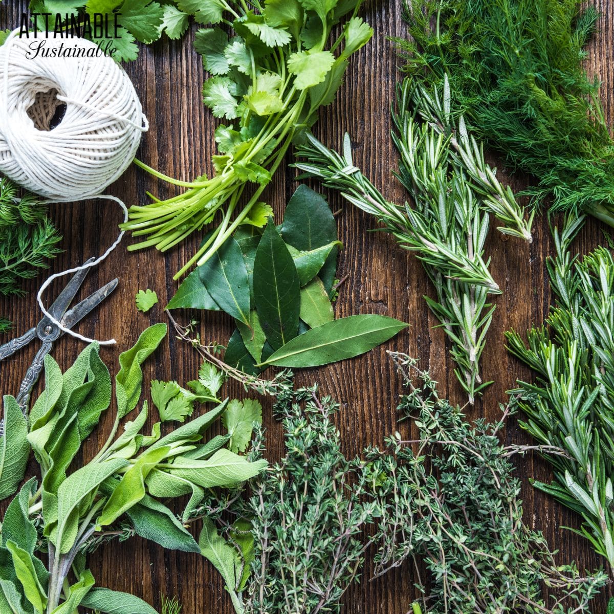 various cut herbs on a wooden table.