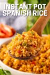 spoonful of spanish rice in focus with a bowl of rice behind.