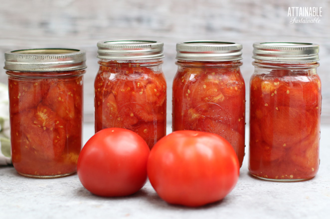 4 canning jars full of crushed tomatoes