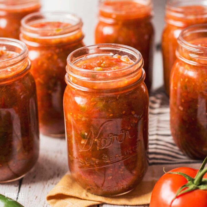 multiple canning jars of salsa.