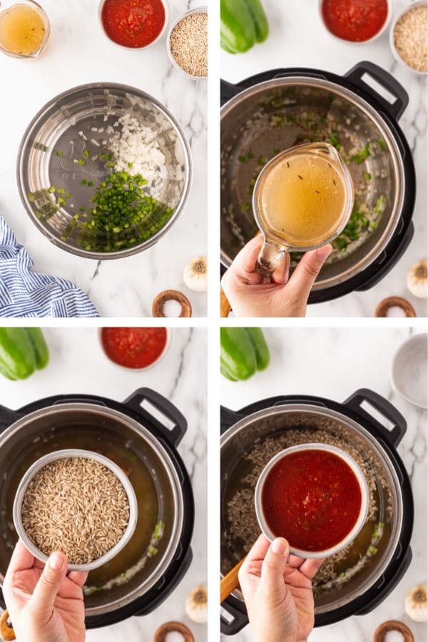 4 panel showing adding ingredients to the instant pot, from above.