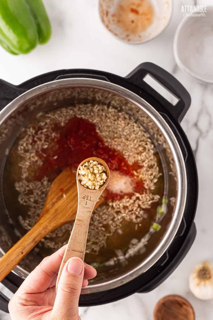 wooden measuring spoon over the instant pot, from above.