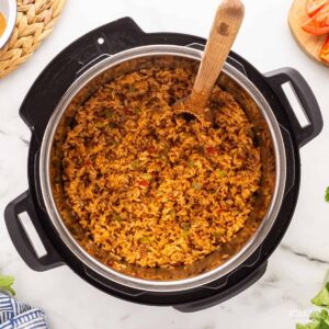 spanish rice in an instant pot pressure cooker from above.