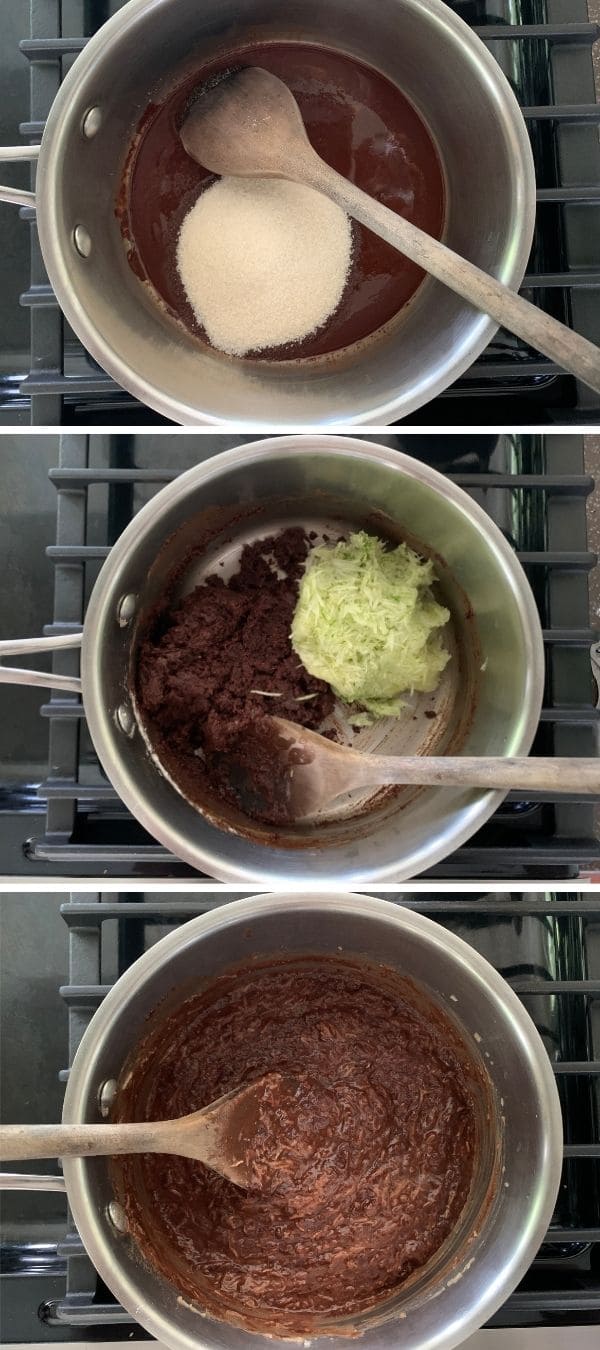 making brownies, showing process in a pot: adding sugar, adding zucchini, ready to bake