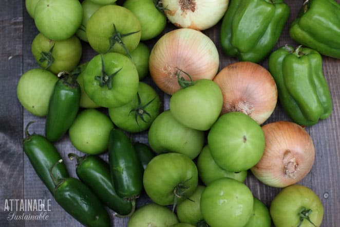 loose peppers, hot peppers, yellow onions, and green tomatoes