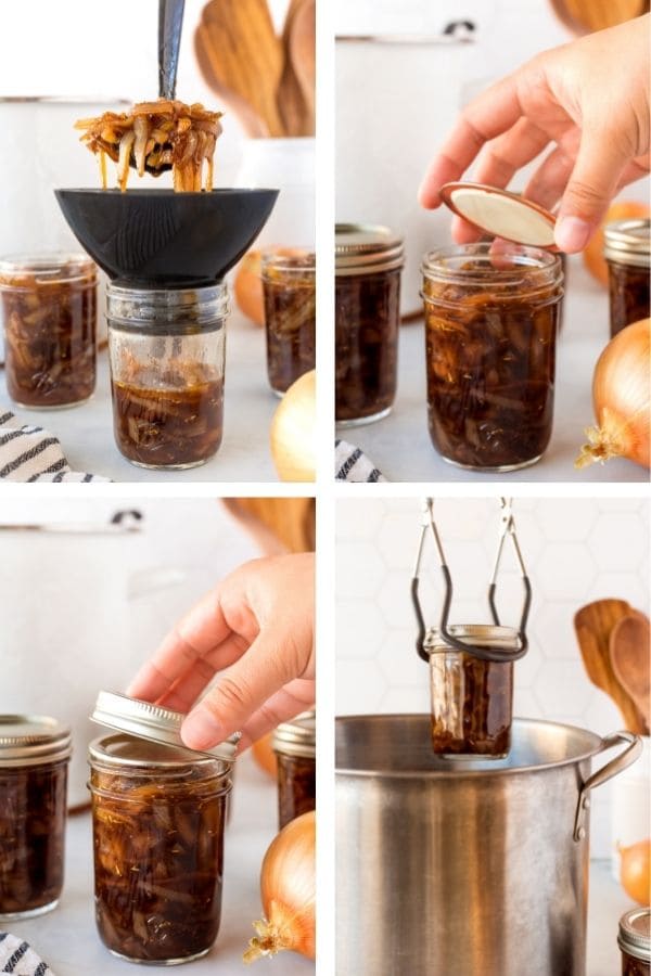 process shots of filling canning jars and prepping for a water bath.
