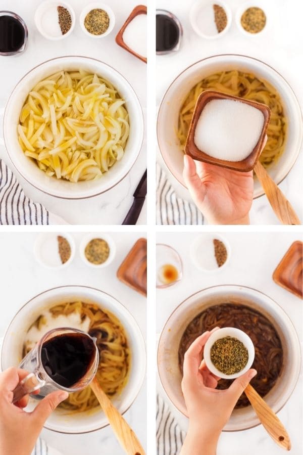 process photos, showing sliced onions with sugar, balsamic vinegar, and seasonings added to a pot.