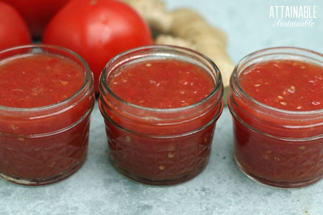 3 quarter pint jars of tomato jam with no lids