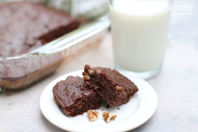 TWO BROWNies on a white plate, glass of milk behind