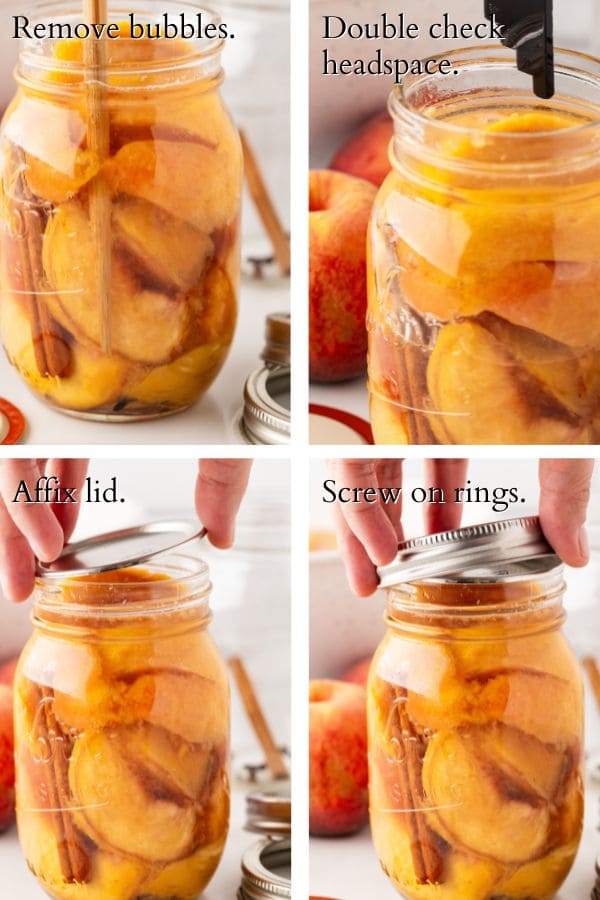 4 panel image showing debubbling the jars and affixing the lids and rings.