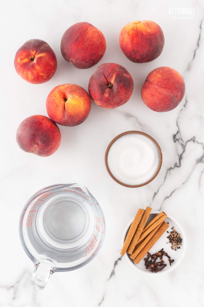fresh peaches with sugar and spices on a marble surface from above. 