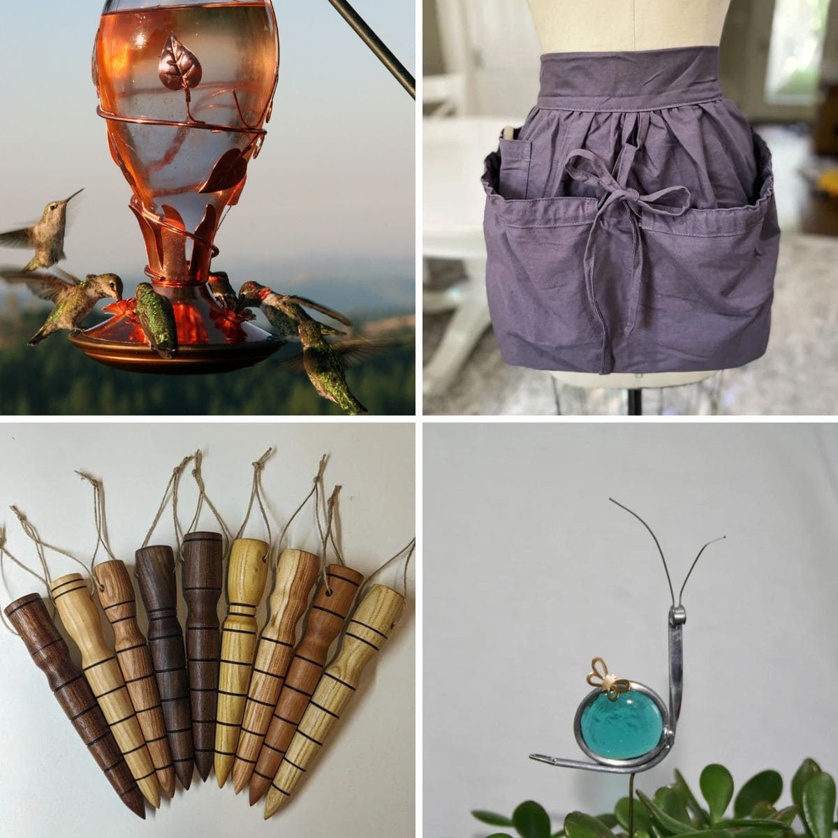 4 panel showing gifts for gardeners: hummingbird feeder, harvest apron, dibbler, plant stake.