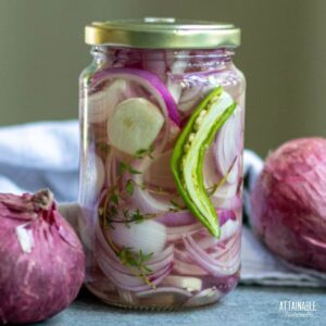 pickled red onions in a jar with a jalapeno pepper and fresh garlic.