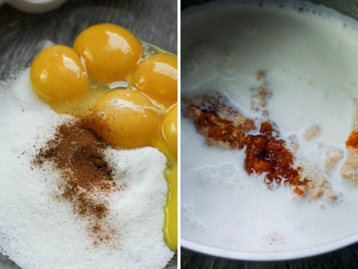making custard: mixing ingredients.