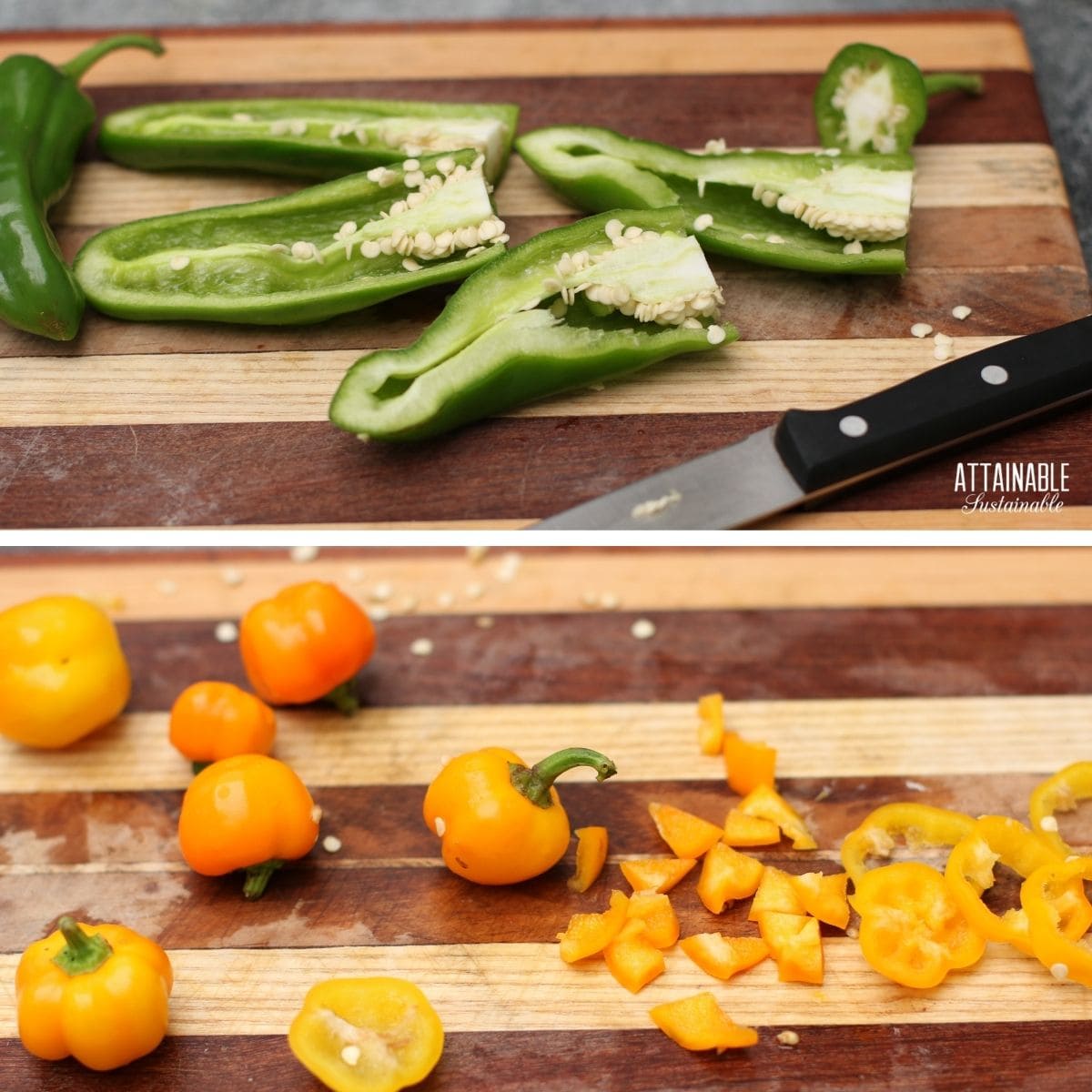 cutting and seeding peppers, both green and yellow.