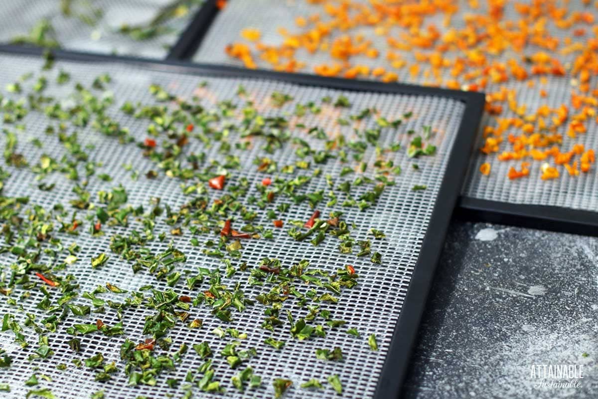 dehydrated peppers on trays.