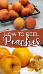 fresh peaches in a ceramic container + peeled peaches on a plate