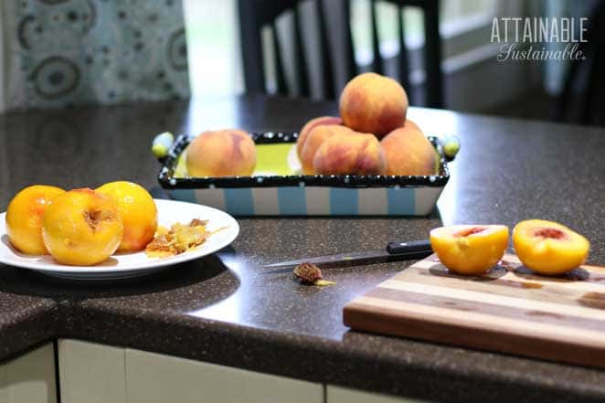 kitchen counter with sliced peaches on a cutting board, whole peaches behind, and more peaches on a white plate